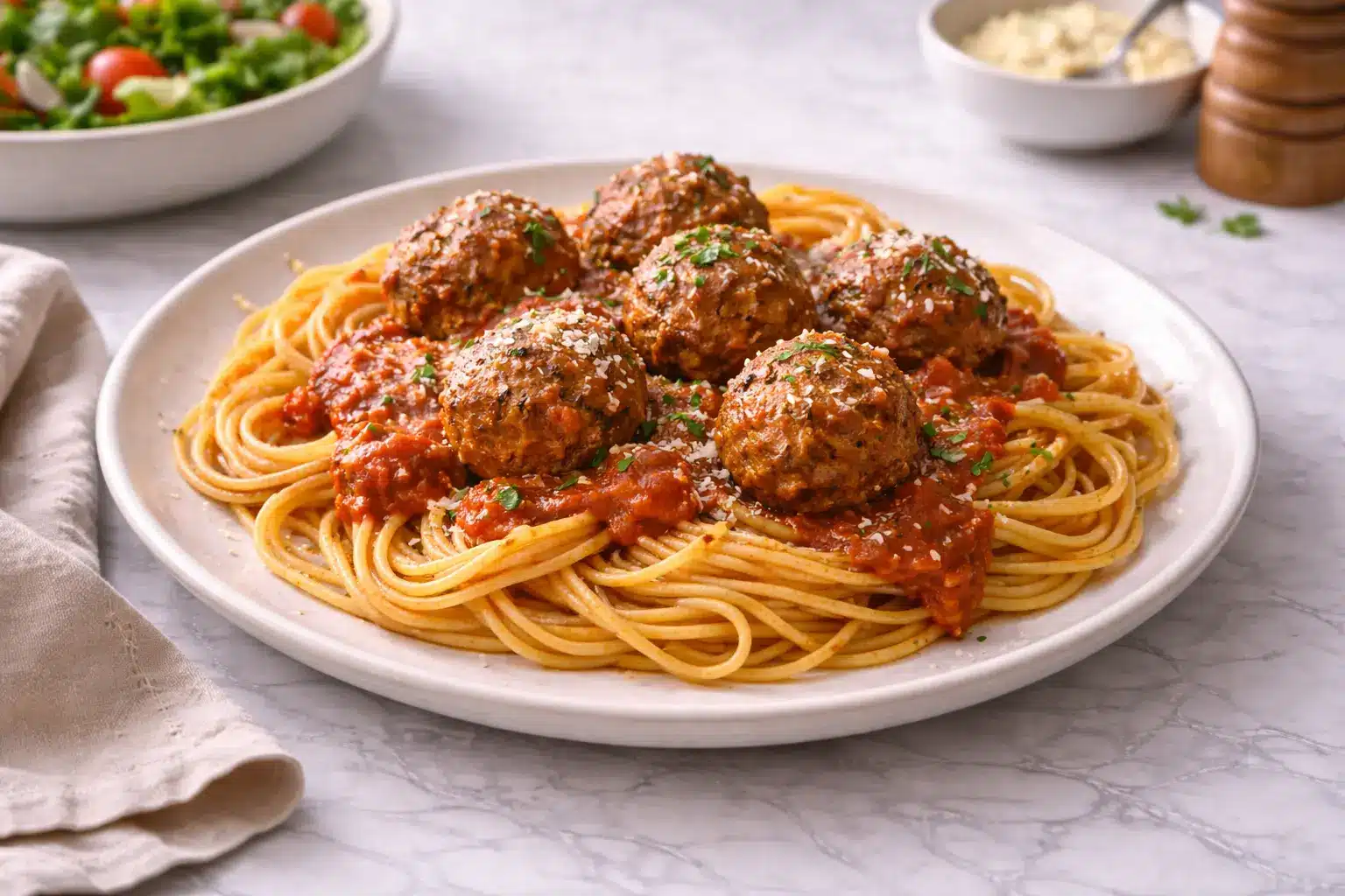 easy-meatball-recipe served over spaghetti with tomato sauce on white marble table