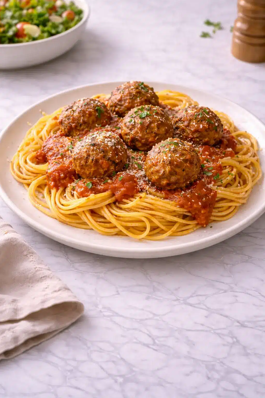 easy-meatball-recipe served over spaghetti with tomato sauce on white marble background vertical image