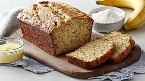 Slice of easy moist banana bread on a wooden table