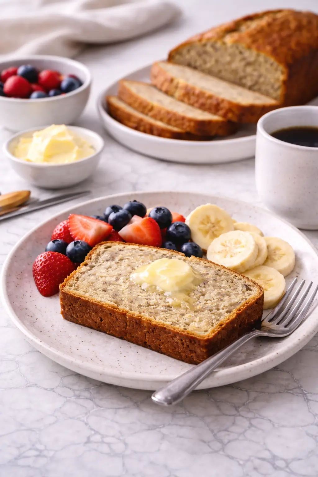 Easy moist banana bread slice with butter, fresh fruit, and coffee, served on a white plate on a marble surface.