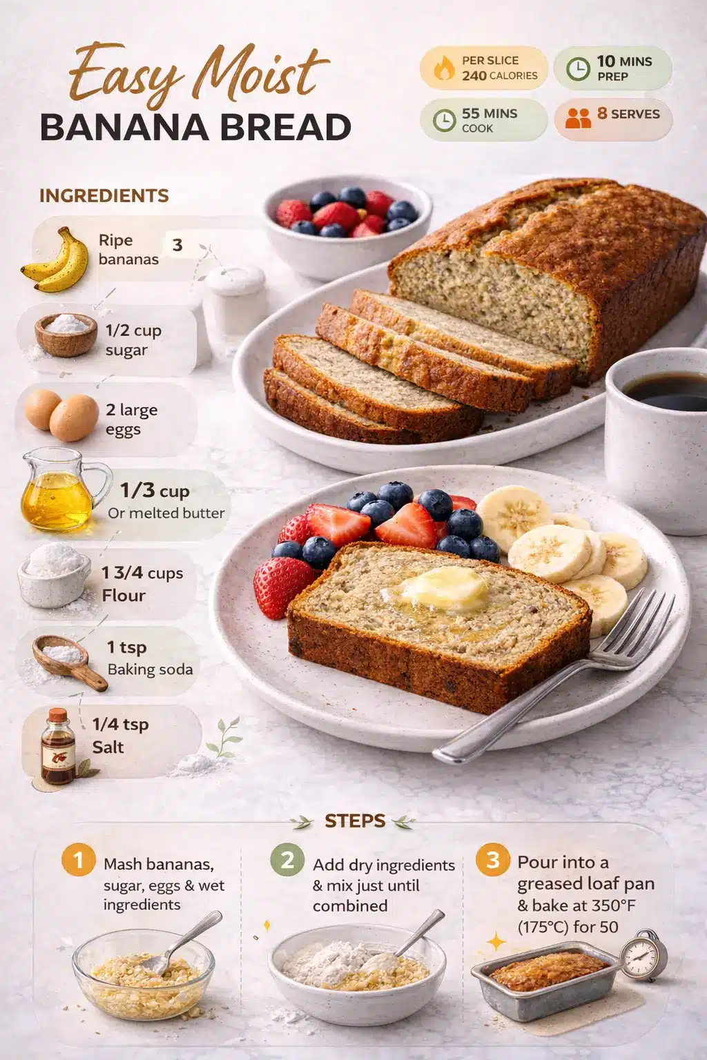 Easy moist banana bread recipe infographic showing ingredients, steps, and a sliced banana bread loaf ready to serve.
