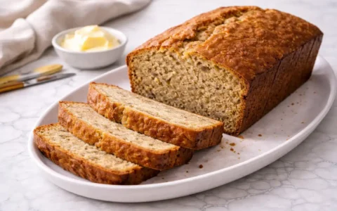 Easy moist banana bread sliced on a white plate, showing a soft crumb and golden crust on a marble surface.