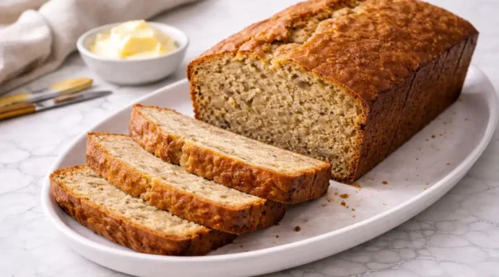 Easy moist banana bread sliced on a white plate, showing a soft crumb and golden crust on a marble surface.