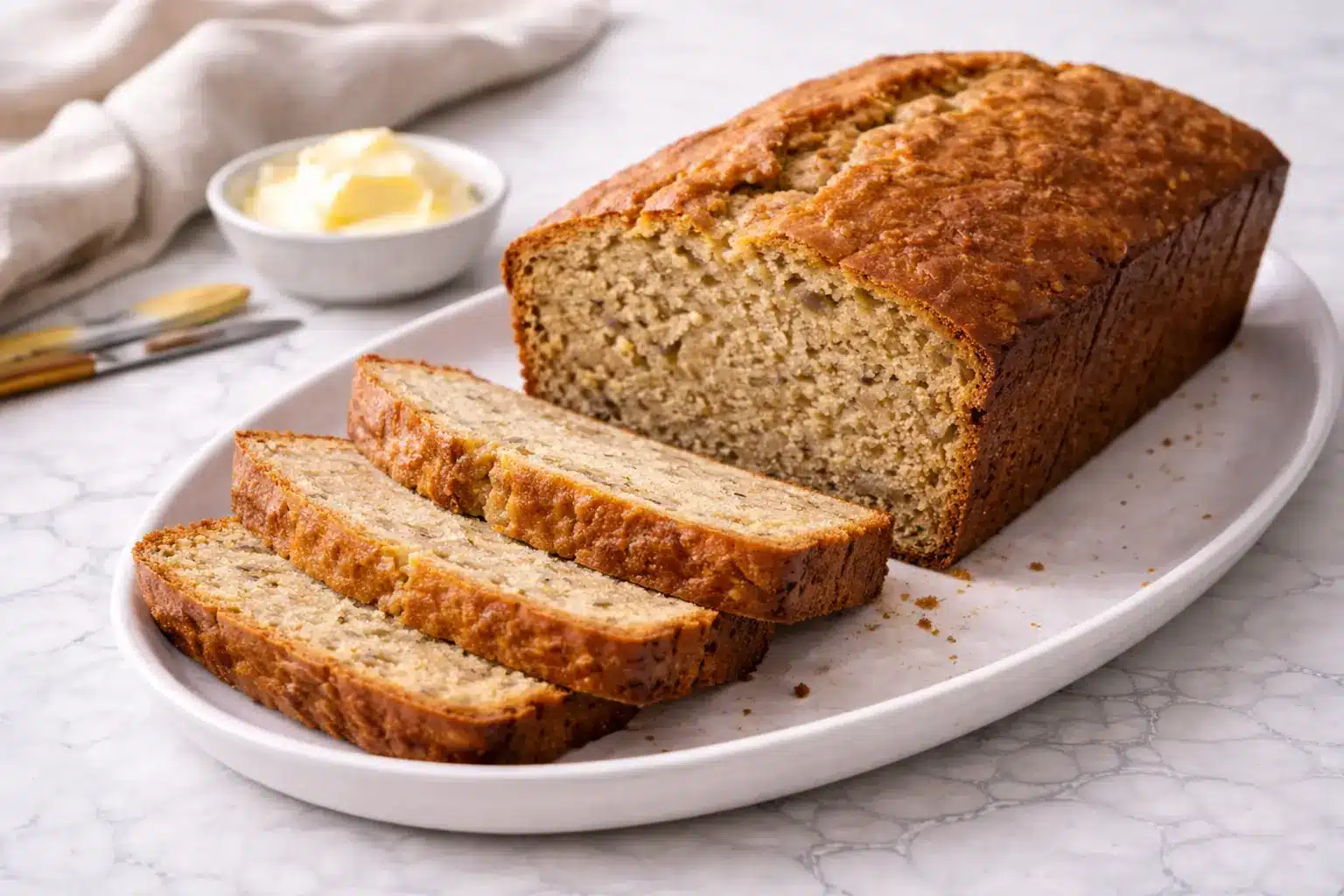 Easy moist banana bread sliced on a white plate, showing a soft crumb and golden crust on a marble surface.