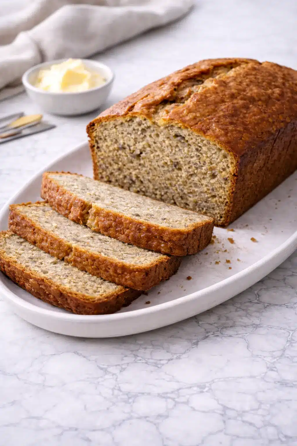 Easy moist banana bread sliced on a white plate, showing a soft crumb and golden crust on a marble countertop.