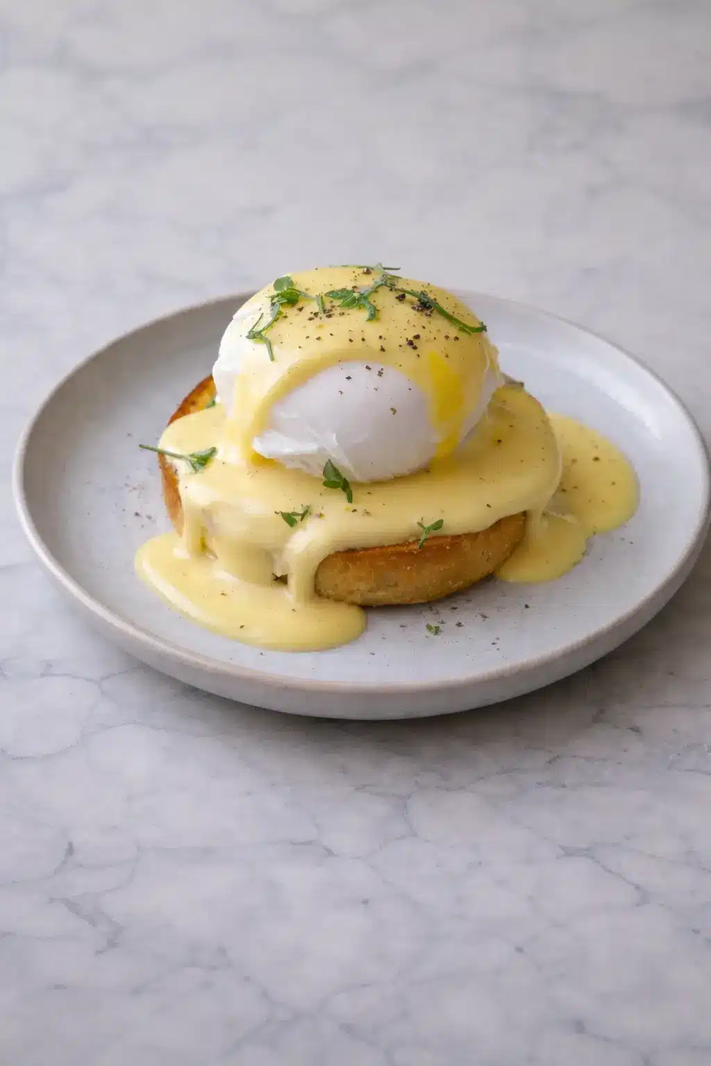 Photorealistic Eggs Benedict with poached eggs and hollandaise sauce served on toasted English muffins on a white marble table in natural daylight.