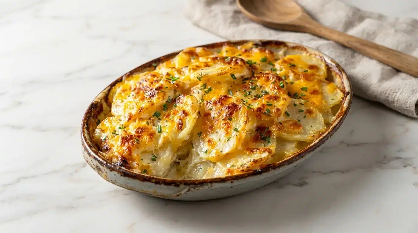 Photorealistic Flemings Potatoes Recipe, ready to serve, naturally plated on white marble with soft natural side daylight.