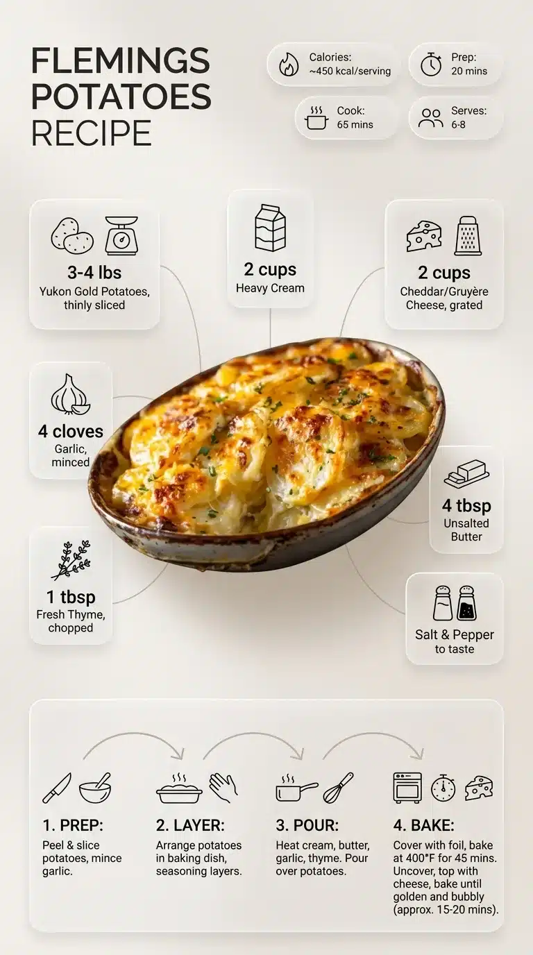 Modern infographic for Flemings Potatoes Recipe with detailed ingredients, step-by-step instructions, and finished dish. 9:16.