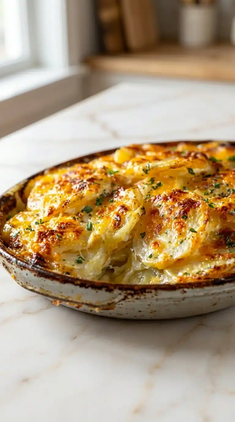 Photorealistic Flemings Potatoes Recipe, freshly cooked and naturally plated on white marble, ready to serve, editorial style.