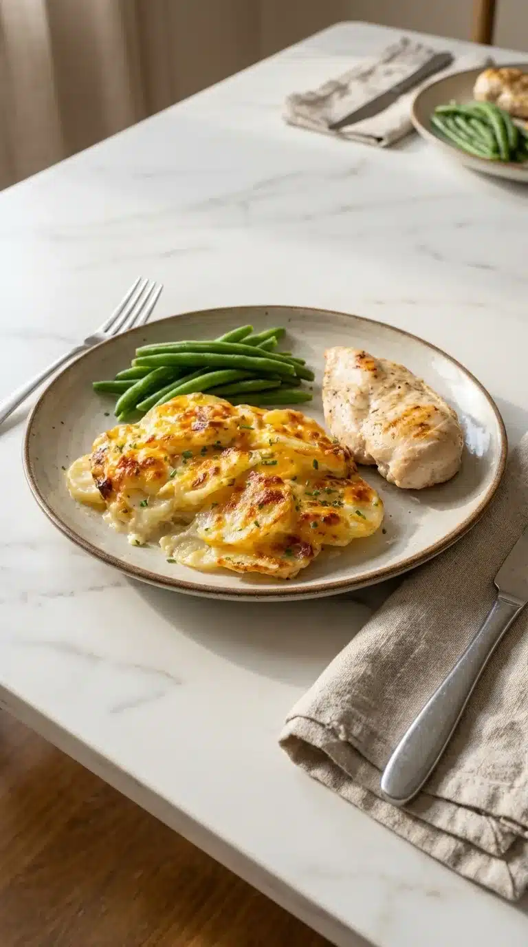 Photorealistic Flemings Potatoes Recipe, freshly baked and ready to eat, served in a home kitchen setting.