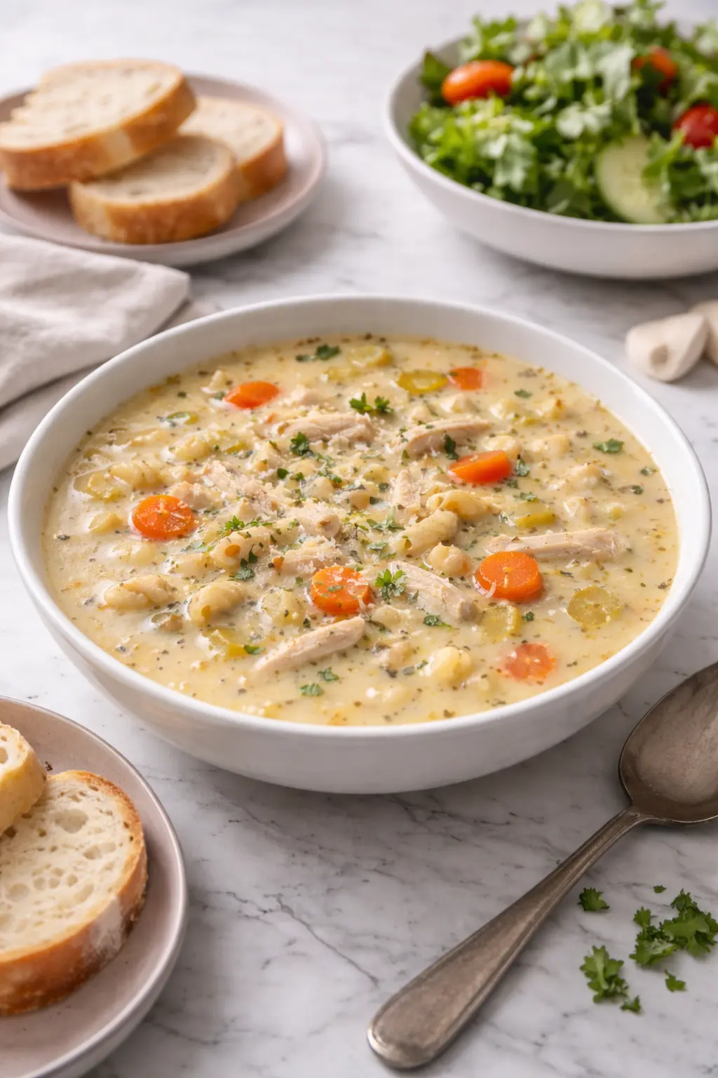 Garlic Parmesan chicken soup recipe served as a full meal with bread and green salad