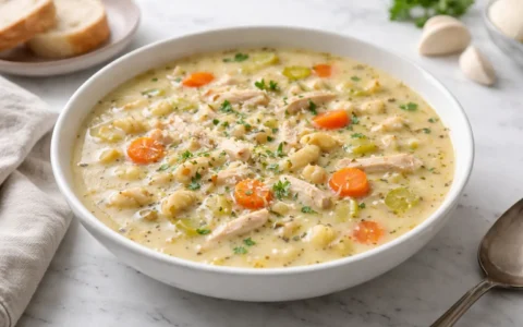 Garlic Parmesan chicken soup recipe served in a white bowl on marble surface