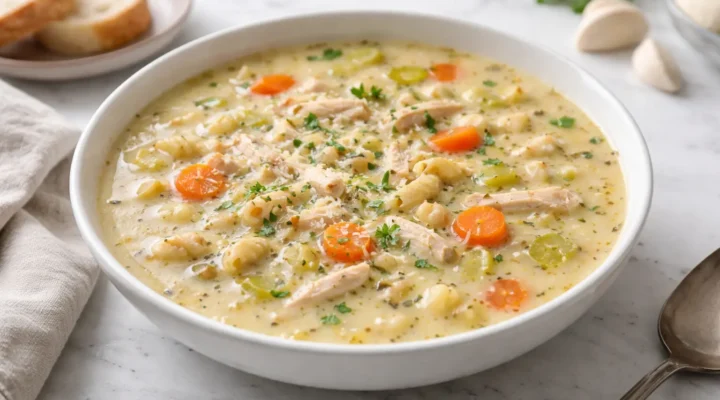 Garlic Parmesan chicken soup recipe served in a white bowl on marble surface