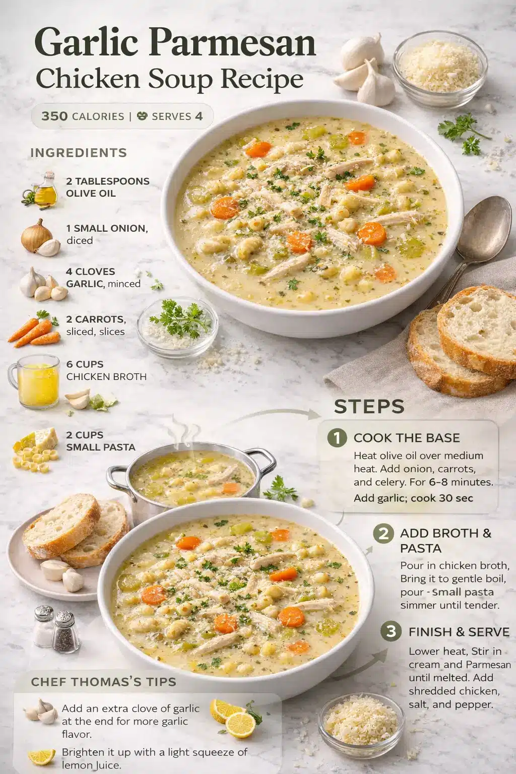 Garlic Parmesan chicken soup recipe infographic showing ingredients, steps, and finished creamy chicken soup