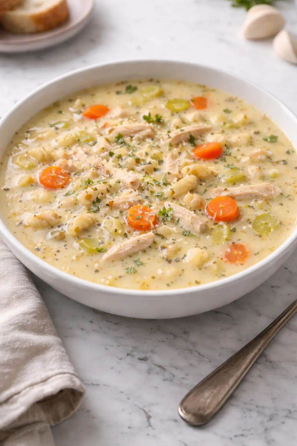 Vertical image of garlic Parmesan chicken soup recipe in white bowl with chicken, pasta, and creamy broth