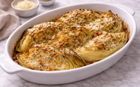 Garlic parmesan melted cabbage wedges baked with golden cheese in white dish