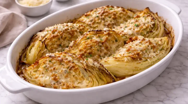 Garlic Parmesan Melted Cabbage Garlic parmesan melted cabbage wedges baked with golden cheese in white dish