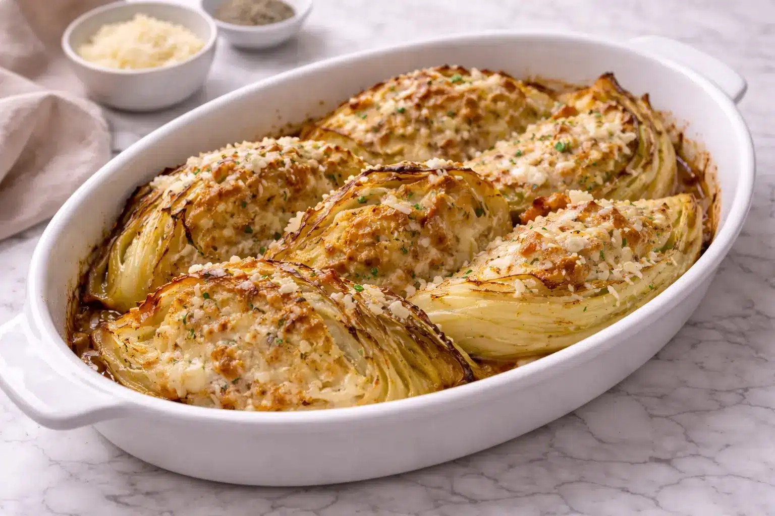 Garlic parmesan melted cabbage wedges baked with golden cheese in white dish
