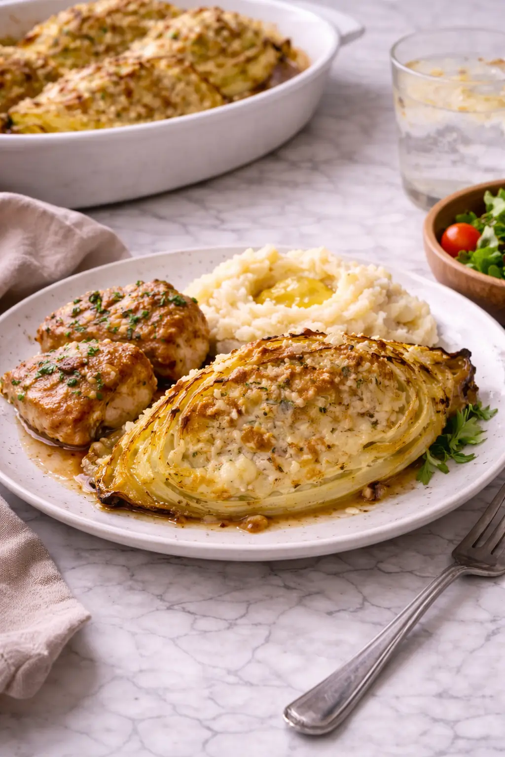 Garlic parmesan melted cabbage served with chicken and mashed potatoes