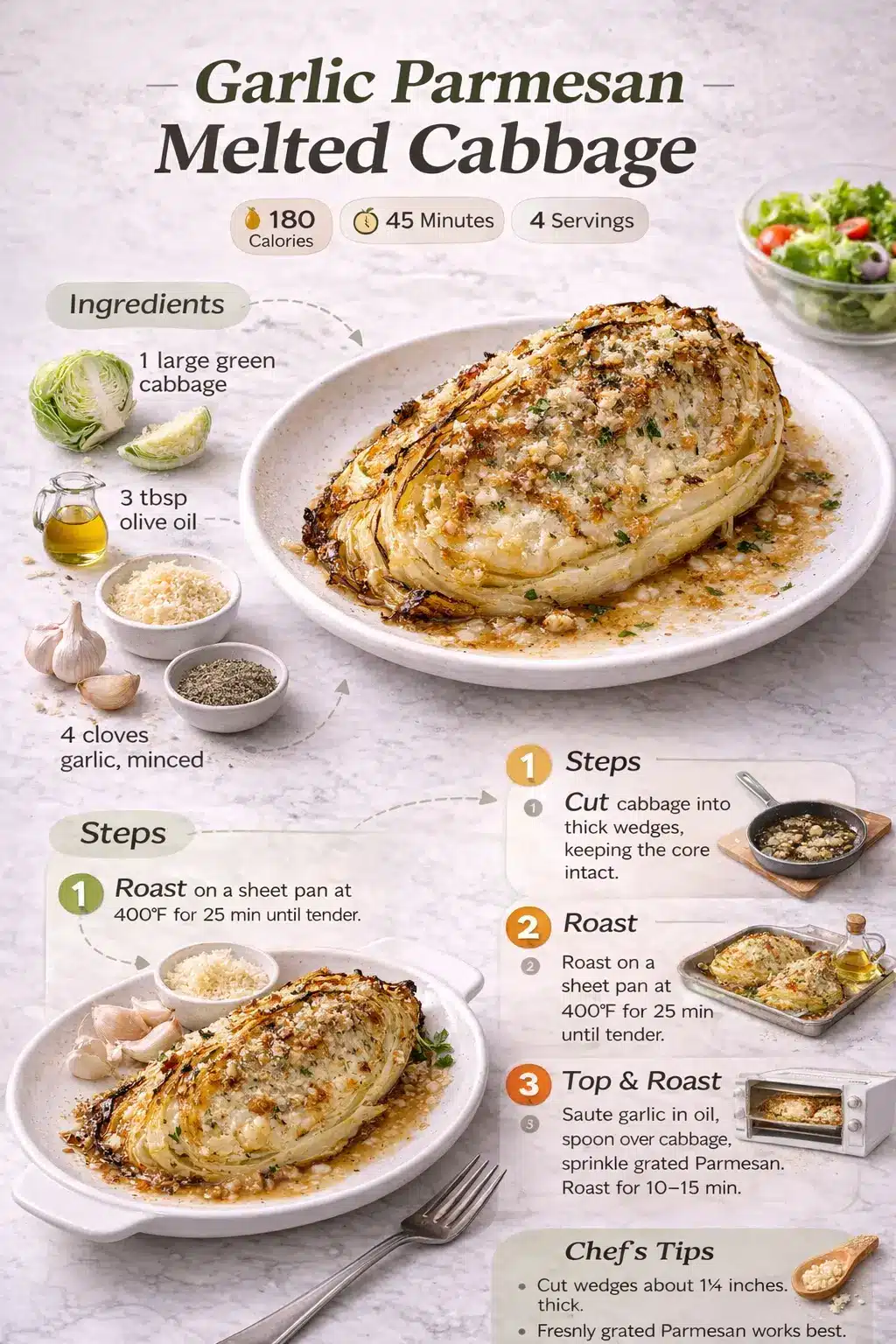 Garlic parmesan melted cabbage recipe infographic with ingredients and step-by-step instructions