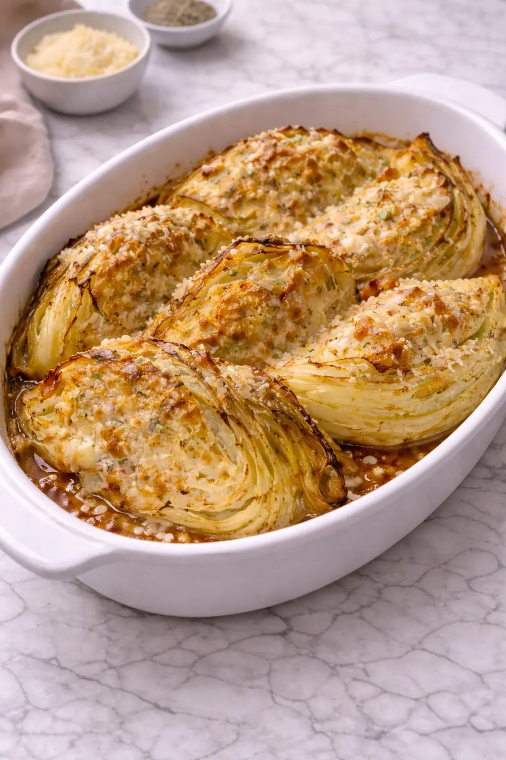 Vertical image of garlic parmesan melted cabbage baked with golden cheese