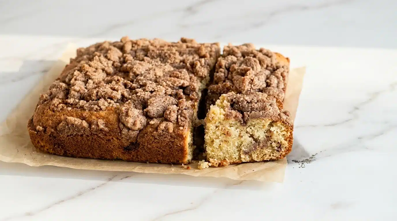 Photorealistic Gluten Free Cinnamon Coffee Cake, finished and ready to serve, naturally plated on clean white marble with natural daylight.