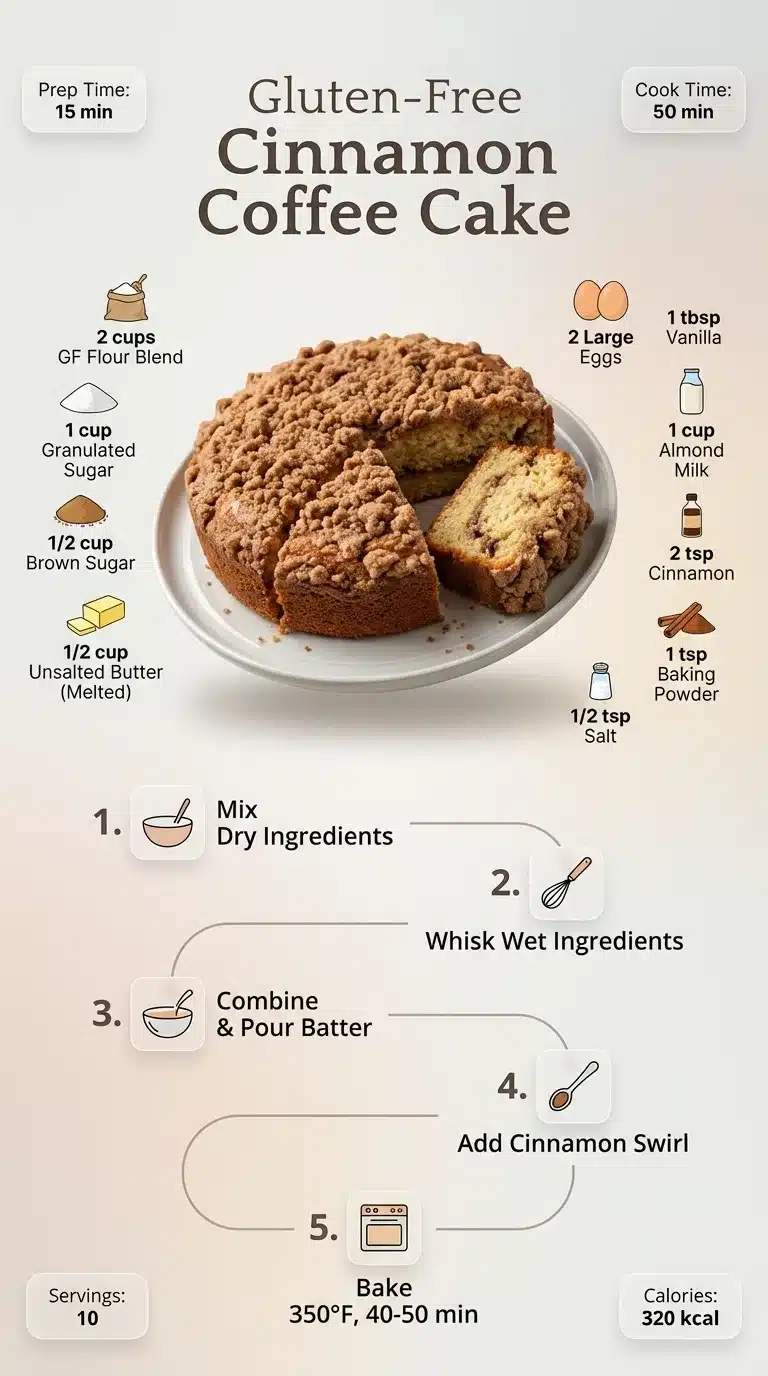 Gluten Free Cinnamon Coffee Cake Infographic showing a delicious Gluten Free Cinnamon Coffee Cake, ingredients, and step-by-step preparation for an easy recipe.