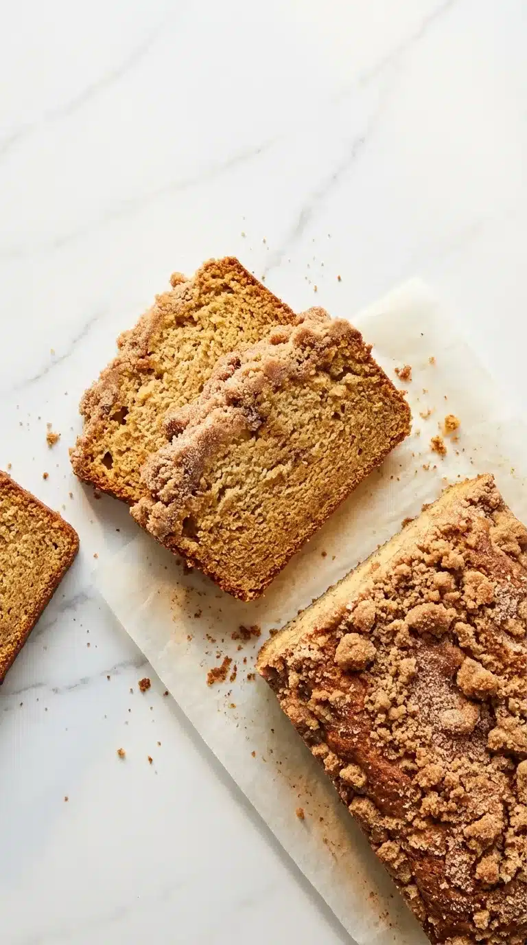Gluten Free Cinnamon Coffee Cake Photorealistic Gluten Free Cinnamon Coffee Cake, freshly baked and ready to serve, on white marble with natural daylight.