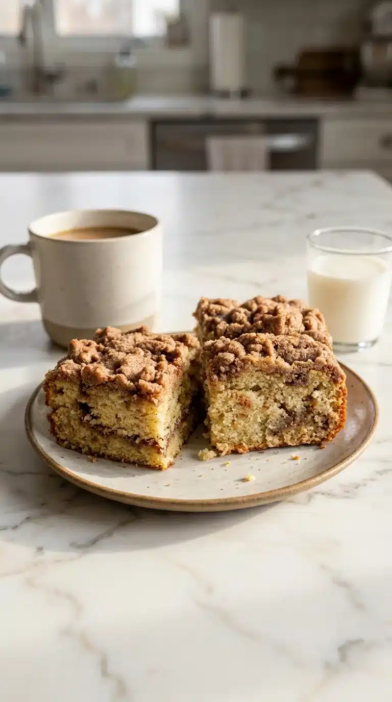 Gluten Free Cinnamon Coffee Cake Gluten-Free Cinnamon Coffee Cake, freshly baked and served in a cozy home kitchen setting on white marble with natural daylight.