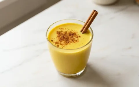 Photorealistic Golden Milk latte, freshly prepared on white marble. Healthy turmeric drink captured with natural daylight, 16:9.