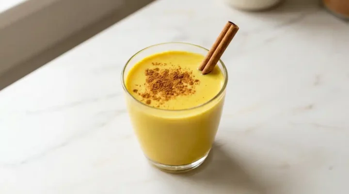 Photorealistic Golden Milk latte, freshly prepared on white marble. Healthy turmeric drink captured with natural daylight, 16:9.