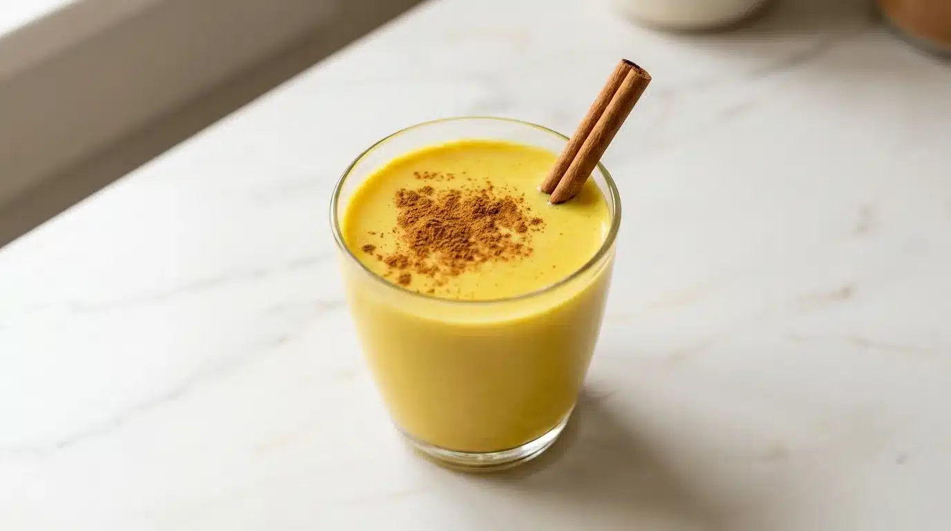Golden Milk Photorealistic Golden Milk latte, freshly prepared on white marble. Healthy turmeric drink captured with natural daylight, 16:9.