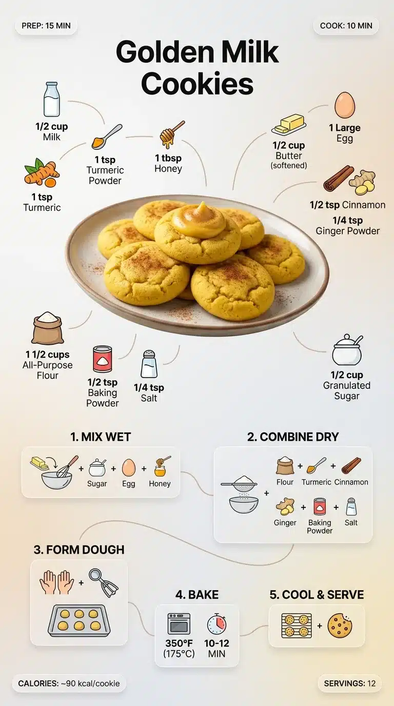 Golden Milk Golden Milk recipe infographic with plated cookies, ingredient icons, and step-by-step preparation for a visually guided cooking experience.