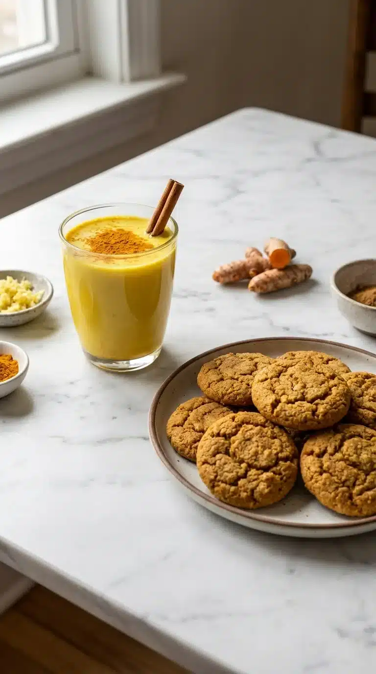 Golden Milk Photorealistic Golden Milk served with simple sides on white marble in a cozy home kitchen setting. Fresh and ready to eat.