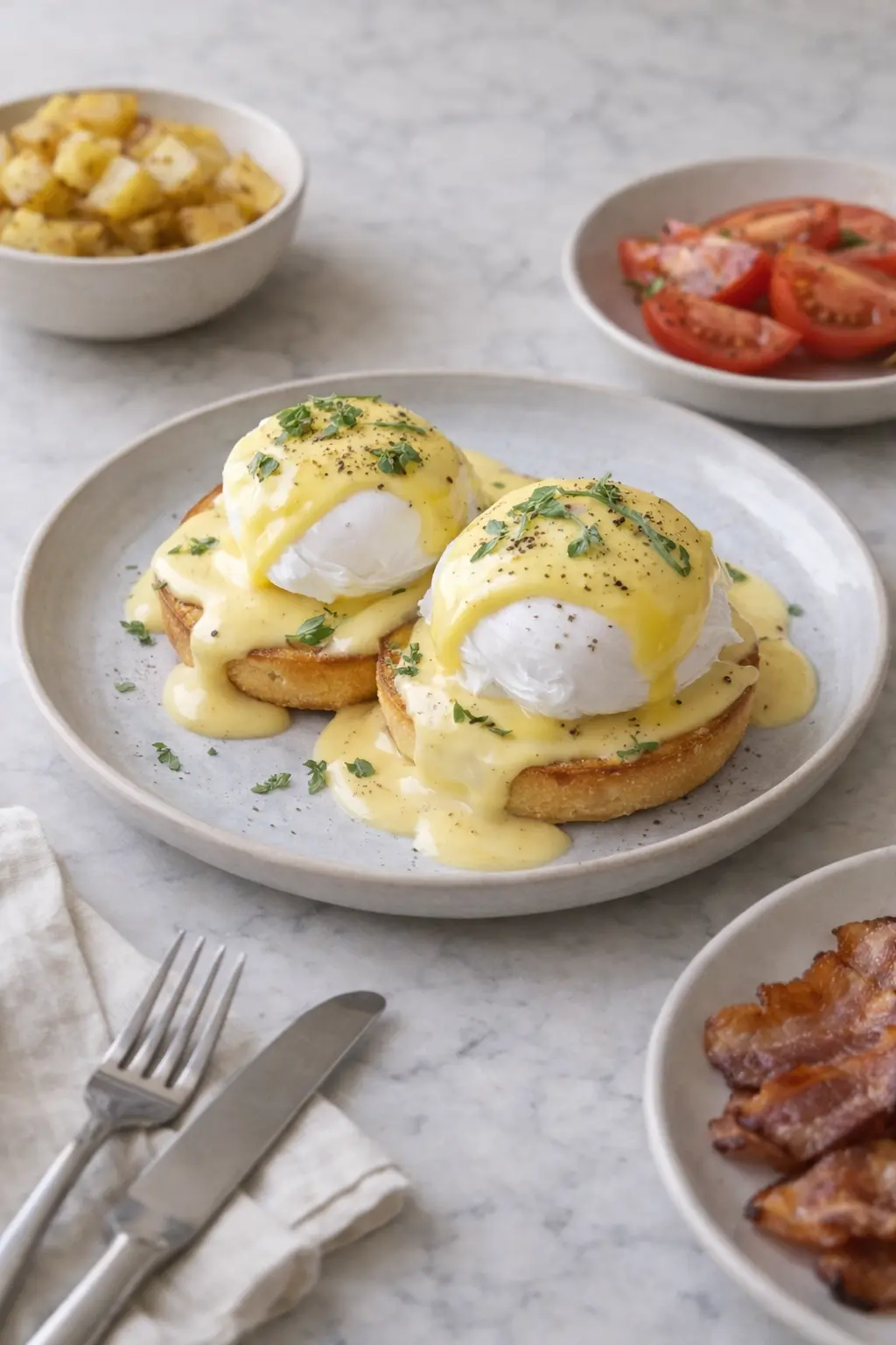 Photorealistic Eggs Benedict with poached eggs and creamy hollandaise sauce served on toasted English muffins on a white marble surface