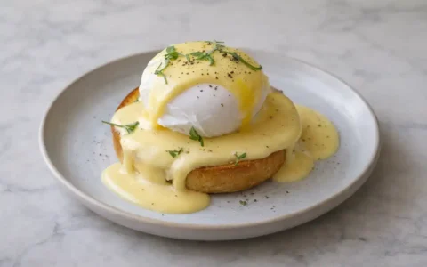 Photorealistic Gordon Ramsay’s Eggs Benedict with poached egg and hollandaise sauce on toasted English muffin