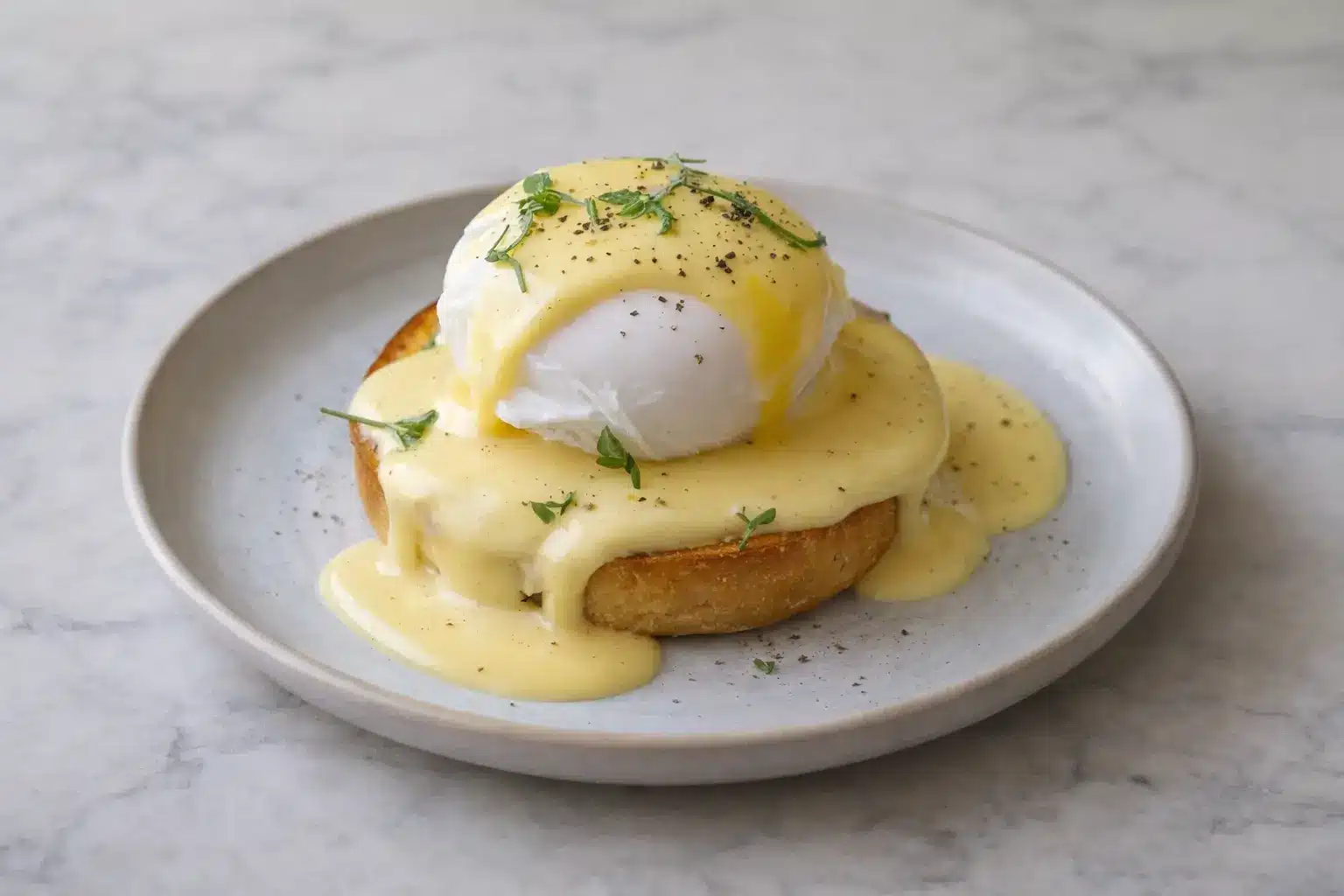Photorealistic Gordon Ramsay’s Eggs Benedict with poached egg and hollandaise sauce on toasted English muffin