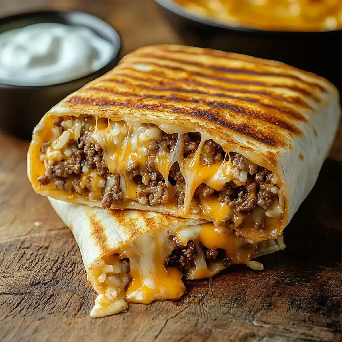 Delicious grilled cheese burrito with melted cheese and toppings