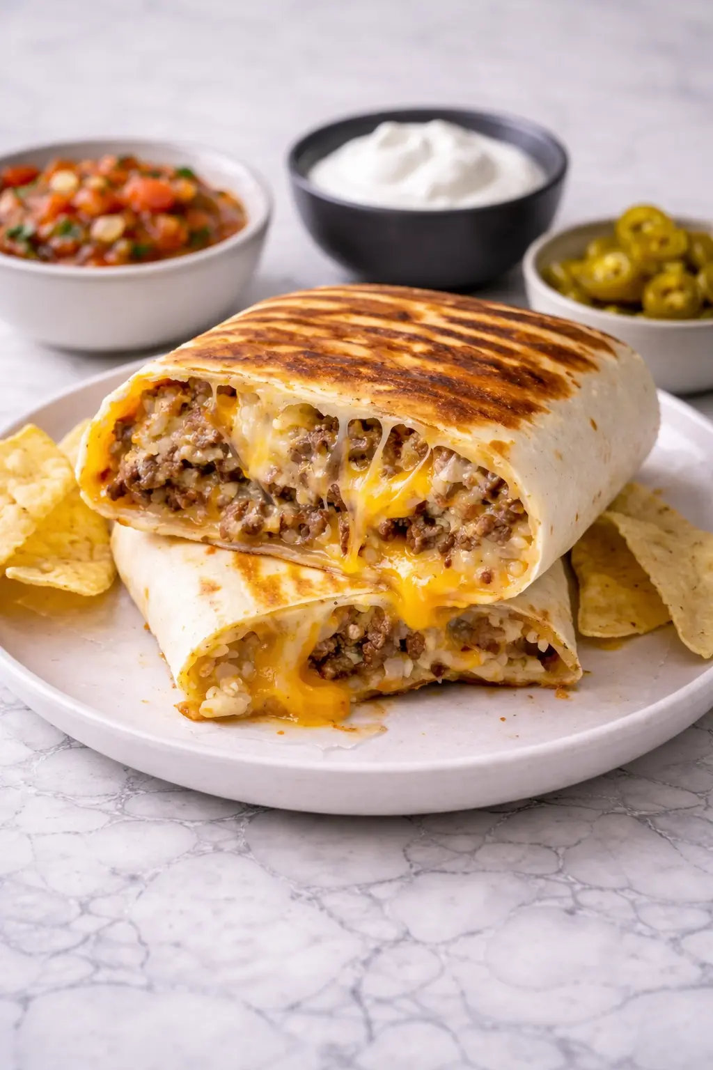Grilled cheese burrito with seasoned beef, rice, and melted cheese, grilled until crisp and served with simple sides.