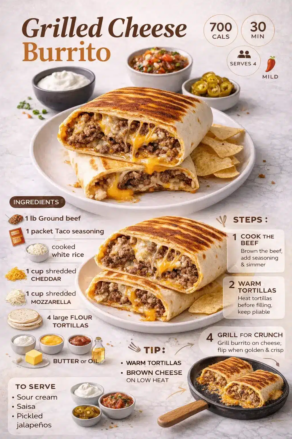 Grilled cheese burrito infographic showing ingredients, cooking steps, and a sliced burrito with melted cheese and seasoned beef.