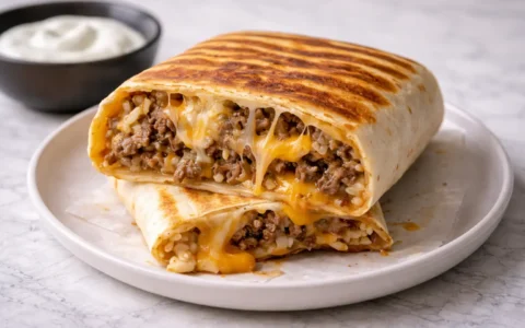 Grilled Cheese Burrito sliced open to show melted cheese, beef, and rice inside a toasted tortilla