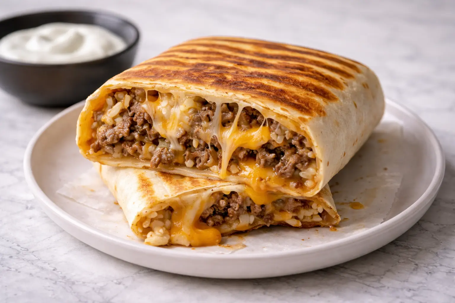 Grilled Cheese Burrito sliced open to show melted cheese, beef, and rice inside a toasted tortilla