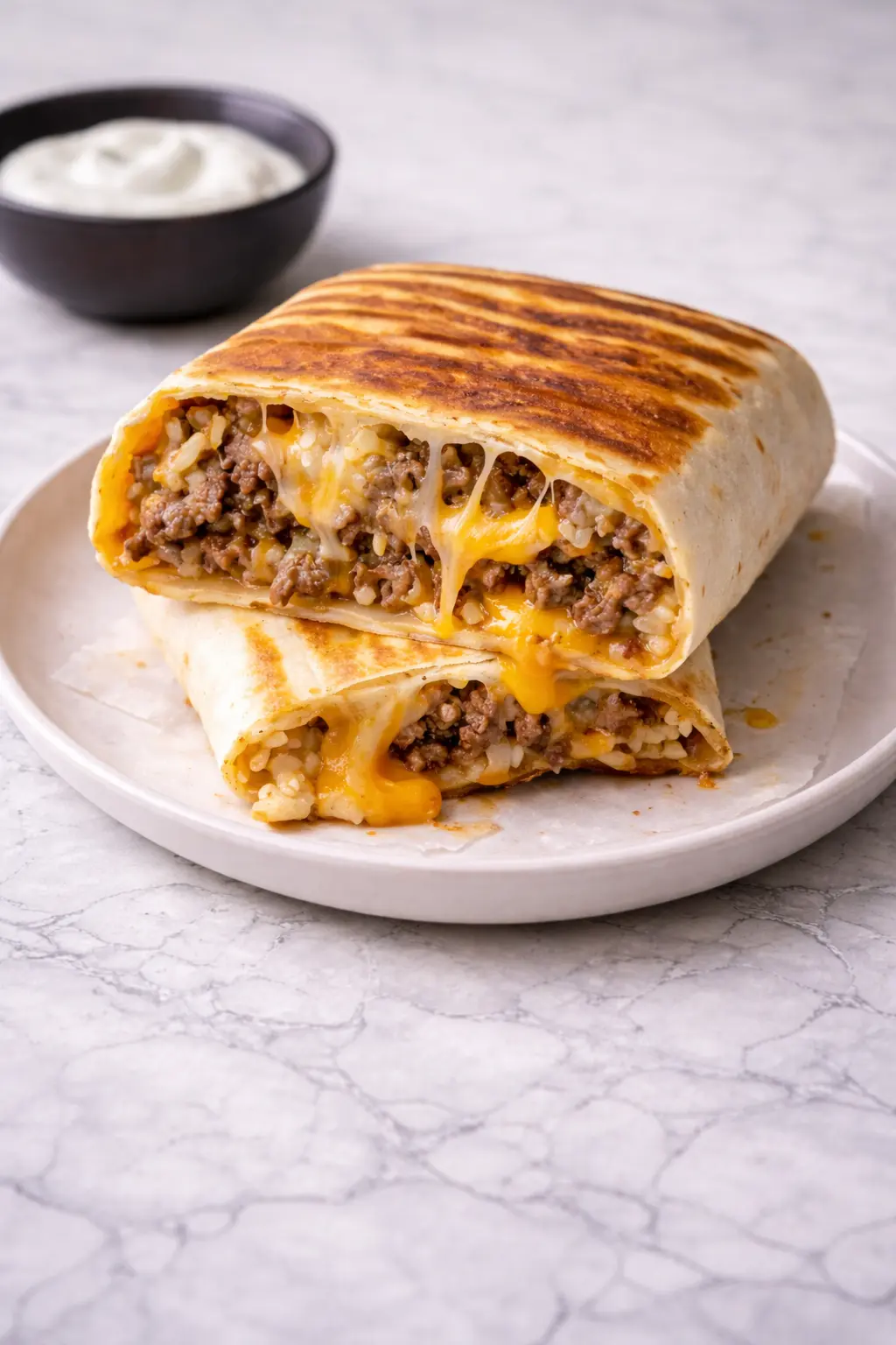 Grilled Cheese Burrito sliced open with melted cheese, beef, and rice inside a toasted tortilla
