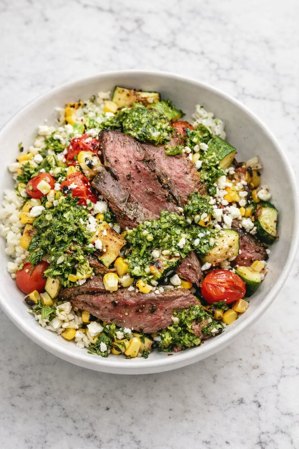 Grilled chimichurri steak bowl with medium-rare beef, rice, grilled vegetables, and fresh chimichurri sauce on a white marble background