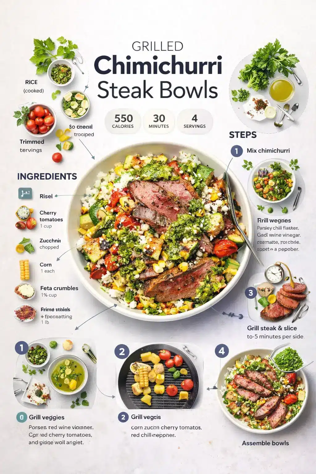Grilled chimichurri steak bowl with sliced steak, rice, grilled vegetables, cherry tomatoes, zucchini, corn, feta cheese, and fresh chimichurri sauce