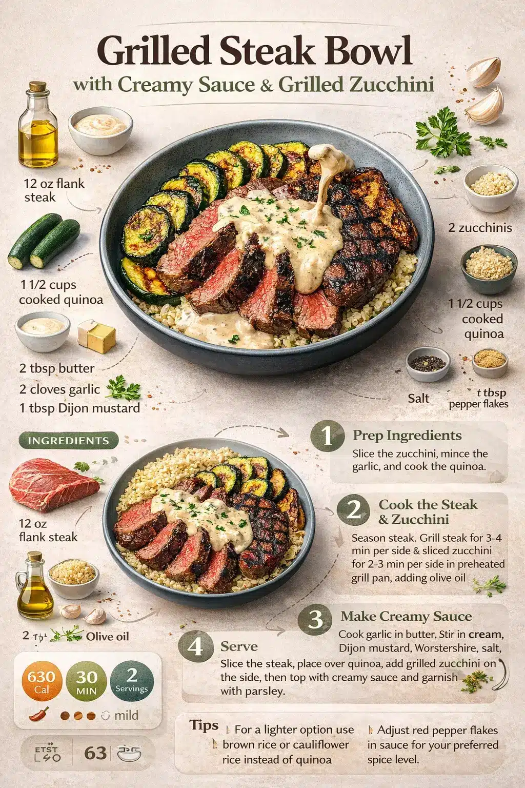 Grilled steak bowl with creamy garlic sauce, quinoa, and grilled zucchini presented in a modern recipe infographic with ingredients and step-by-step cooking instructions