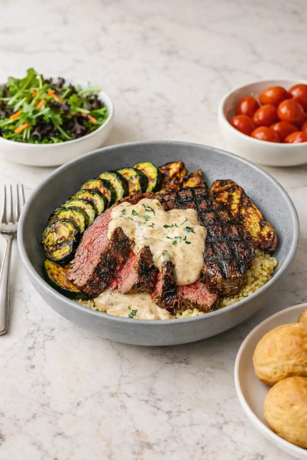 Grilled steak bowl with creamy sauce, grilled zucchini, and quinoa served on a white marble surface