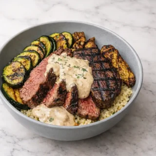 Grilled steak bowl with creamy garlic sauce, grilled zucchini, and quinoa in a ceramic bowl on white marble background, 16:9 food photography