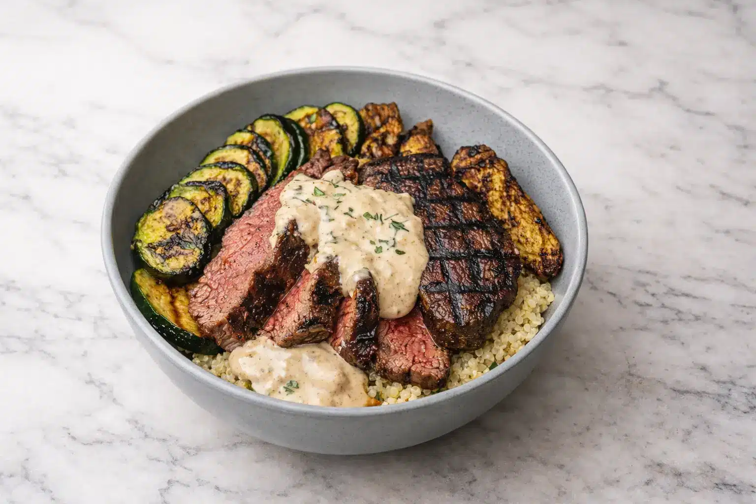 Grilled steak bowl with creamy garlic sauce, grilled zucchini, and quinoa in a ceramic bowl on white marble background, 16:9 food photography