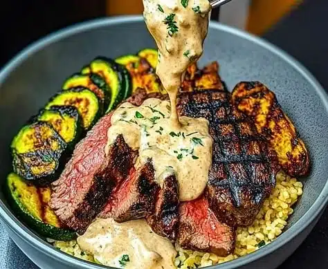 Grilled steak bowl topped with creamy sauce and sliced grilled zucchini